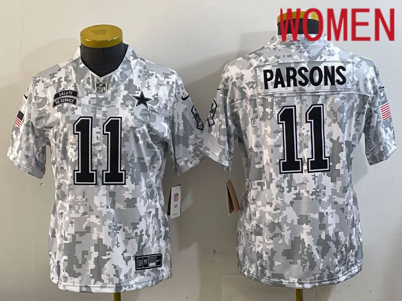 Women Dallas Cowboys 11 Parsons Nike Arctic Camo 2024 Salute to Service Limited NFL Jersey style 1